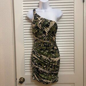Windsor One Shoulder Camo Ruched Mini Dress NWOT